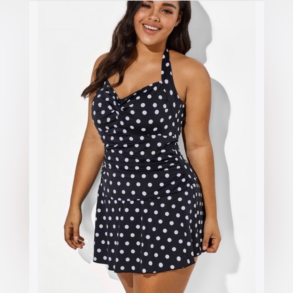 Black Halter Sweetheart Polka Dot Sexy Swimdress